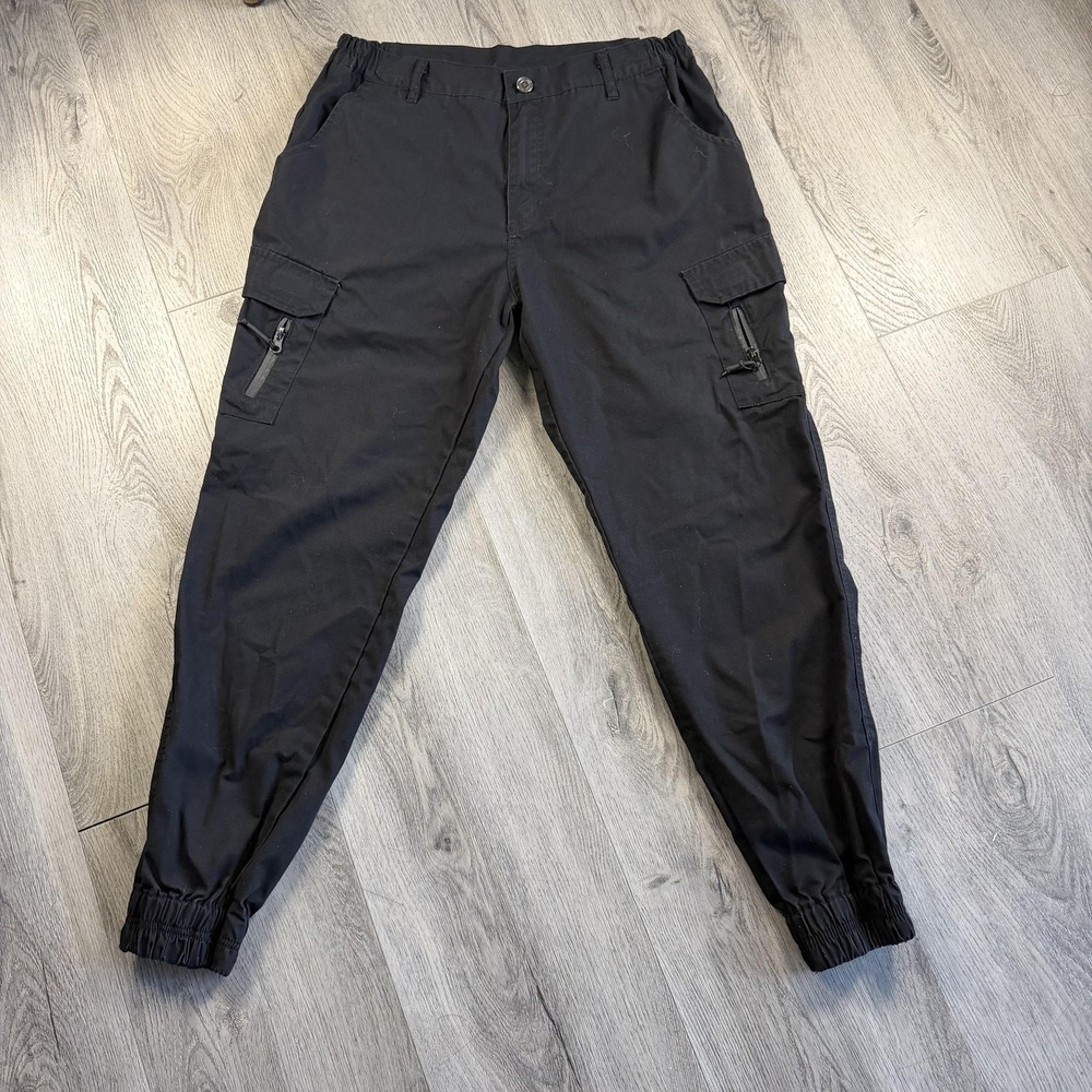 Tactical Cargo Jogger Pants Mens 33x30 Black Elastic Waist Canvas Cargo Pockets